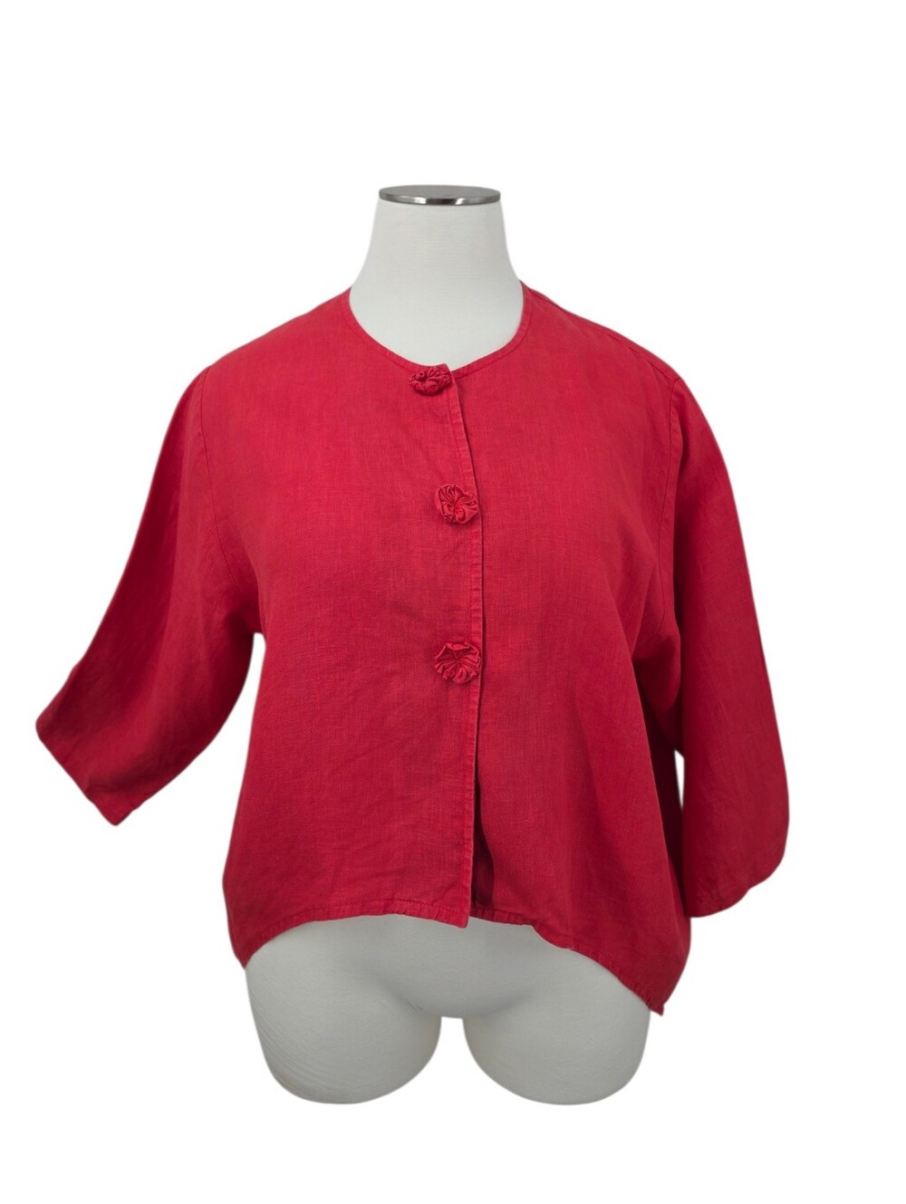 Vintage Linen Art to Wear Red Women's Button-Front Top Trapeze Shark Bite Hem
